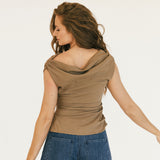 Madalyn Asymetrical Off Shoulder Ruched Top - Mocha