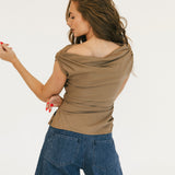 Madalyn Asymetrical Off Shoulder Ruched Top - Mocha