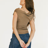 Madalyn Asymetrical Off Shoulder Ruched Top - Mocha