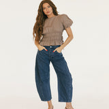 Sophie Boat Neckline Smocked Puff Sleeves Top - Mocha Brown