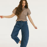 Sophie Boat Neckline Smocked Puff Sleeves Top - Mocha Brown