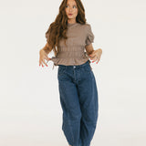 Sophie Boat Neckline Smocked Puff Sleeves Top - Mocha Brown