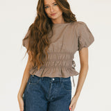 Sophie Boat Neckline Smocked Puff Sleeves Top - Mocha Brown