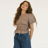 Sophie Boat Neckline Smocked Puff Sleeves Top - Mocha Brown