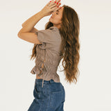 Sophie Boat Neckline Smocked Puff Sleeves Top - Mocha Brown