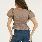 Sophie Boat Neckline Smocked Puff Sleeves Top - Mocha Brown
