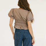 Sophie Boat Neckline Smocked Puff Sleeves Top - Mocha Brown