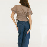 Sophie Boat Neckline Smocked Puff Sleeves Top - Mocha Brown