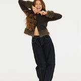 Jamie Faux Fur Trim Knit Cardigan - Brown