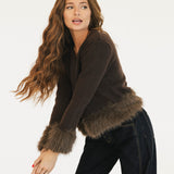 Jamie Faux Fur Trim Knit Cardigan - Brown