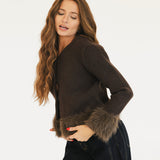Jamie Faux Fur Trim Knit Cardigan - Brown