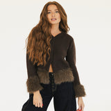 Jamie Faux Fur Trim Knit Cardigan - Brown