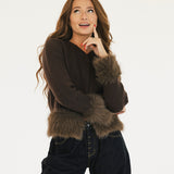 Jamie Faux Fur Trim Knit Cardigan - Brown