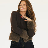 Jamie Faux Fur Trim Knit Cardigan - Brown