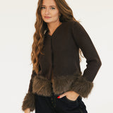 Jamie Faux Fur Trim Knit Cardigan - Brown