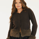 Jamie Faux Fur Trim Knit Cardigan - Brown