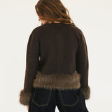 Jamie Faux Fur Trim Knit Cardigan - Brown