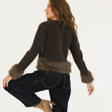 Jamie Faux Fur Trim Knit Cardigan - Brown
