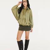 Genie Solid Puffed Bomber Loose Jacket - Green