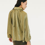 Genie Solid Puffed Bomber Loose Jacket - Green