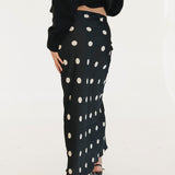Casey Satin Midi Skirt - Black/Cream Polka Dot