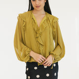 Remi Semi Sheer Ruffled Blouse - Chartruse