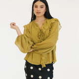 Remi Semi Sheer Ruffled Blouse - Chartruse