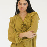 Remi Semi Sheer Ruffled Blouse - Chartruse