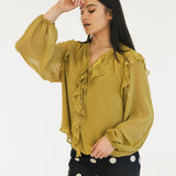 Remi Semi Sheer Ruffled Blouse - Chartruse