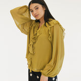 Remi Semi Sheer Ruffled Blouse - Chartruse