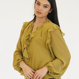Remi Semi Sheer Ruffled Blouse - Chartruse