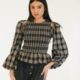 Naomi Plaid Long Sleeve Top - Black