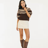 Jackie Jacquard Short Sleeve Knitted Top - Brown