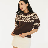 Jackie Jacquard Short Sleeve Knitted Top - Brown