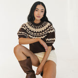 Jackie Jacquard Short Sleeve Knitted Top - Brown