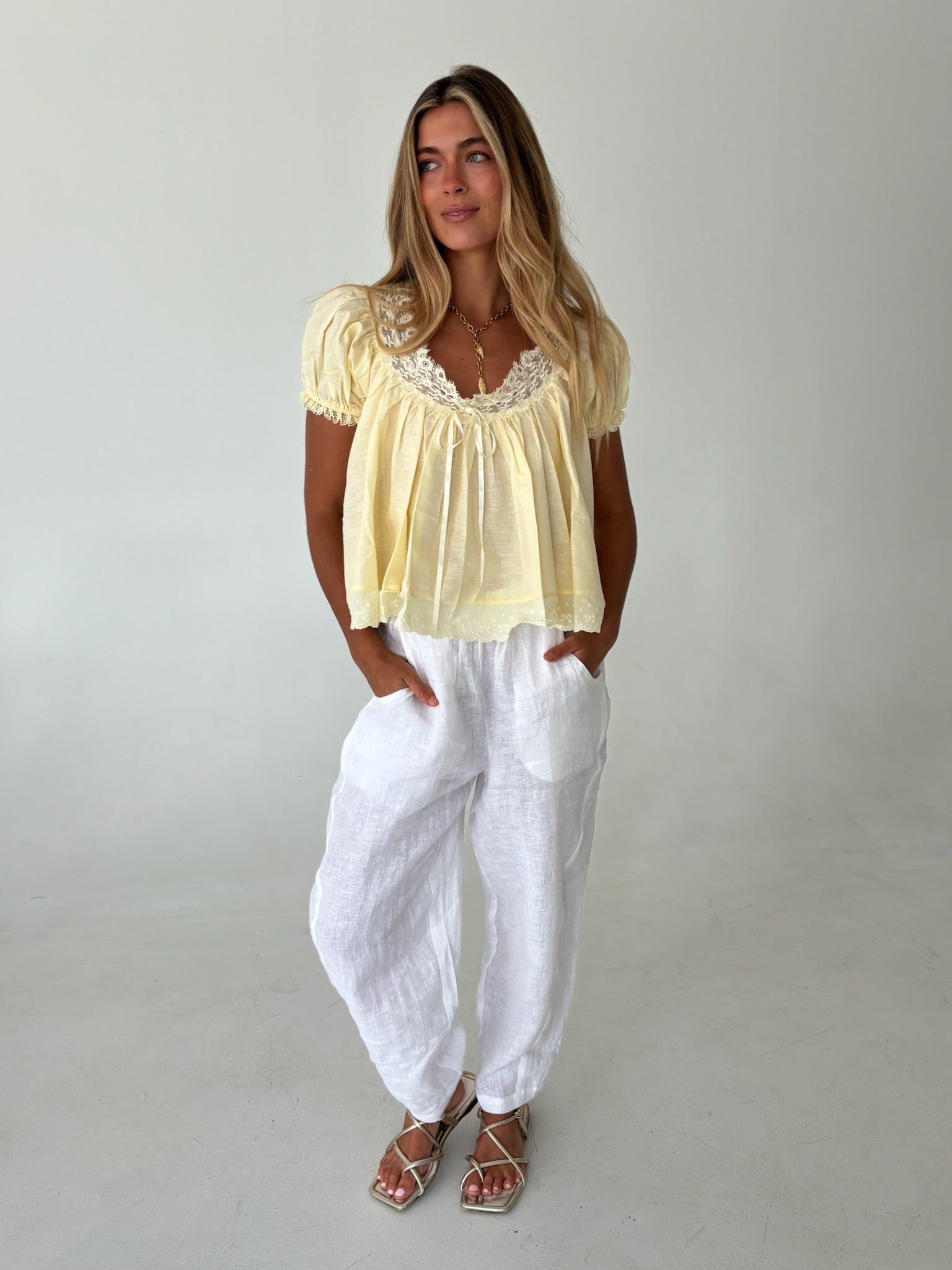 Taylor Lace Trim Top- Yellow