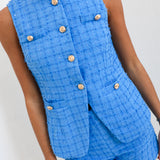 Skylar Textured Button Down Vest And Shorts - Blue