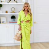 Belle Satin Ruched Front Dress - Neon Lime