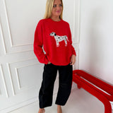 Dalmatian Graphic Fuzzy Sweater - Tomato Red