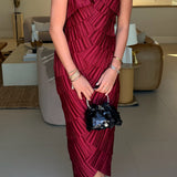 Maria Pleated Satin Tiered Midi Dress - Burgundy