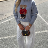 Shelly Roll Up Neck Bear Graphic Sweater - H Gray
