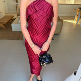 Maria Pleated Satin Tiered Midi Dress - Burgundy