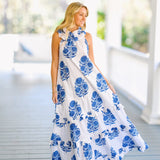 Kenni Frill Neck Maxi Dress - White/Blue Block
