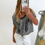 Casey Floral Embroidered Gingham Puff Sleeve Top - Black/White Gingham