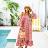 Polly Strapless Bubble Sleeve Maxi Dress - Pink Palm