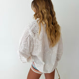 Avery Eyelet Cotton Long Sleeve Blouse - Off White