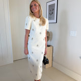 Jewel Embellished Top And Midi Skirt Set - Cream