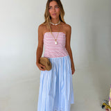 Bodice Strapless Striped Midi Dress - Red