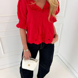 Brooklyn Embroidered Collar Blouse - Tomato Red