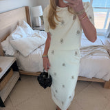 Jewel Embellished Top And Midi Skirt Set - Cream